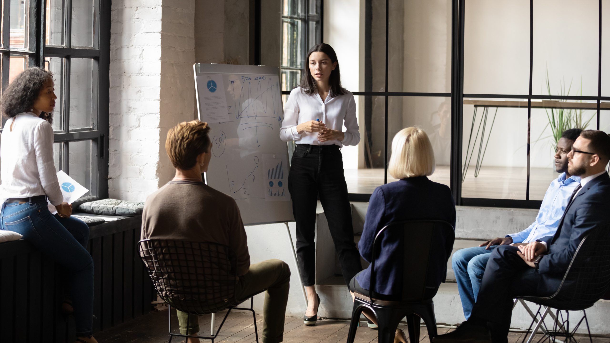 Confident,Lady,Business,Trainer,Coach,Leader,Give,Flip,Chart,Presentation
